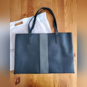 Vince Camuto Black Faux Leather Tote with Gray Stripe & Dust Bag